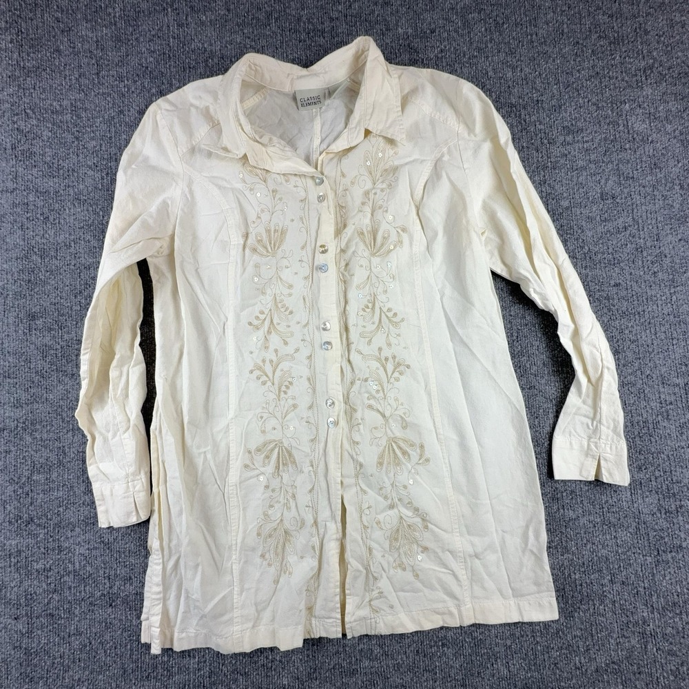 Classic Elements Shirt Womens Large White Embroidered Sequin Button Front Top